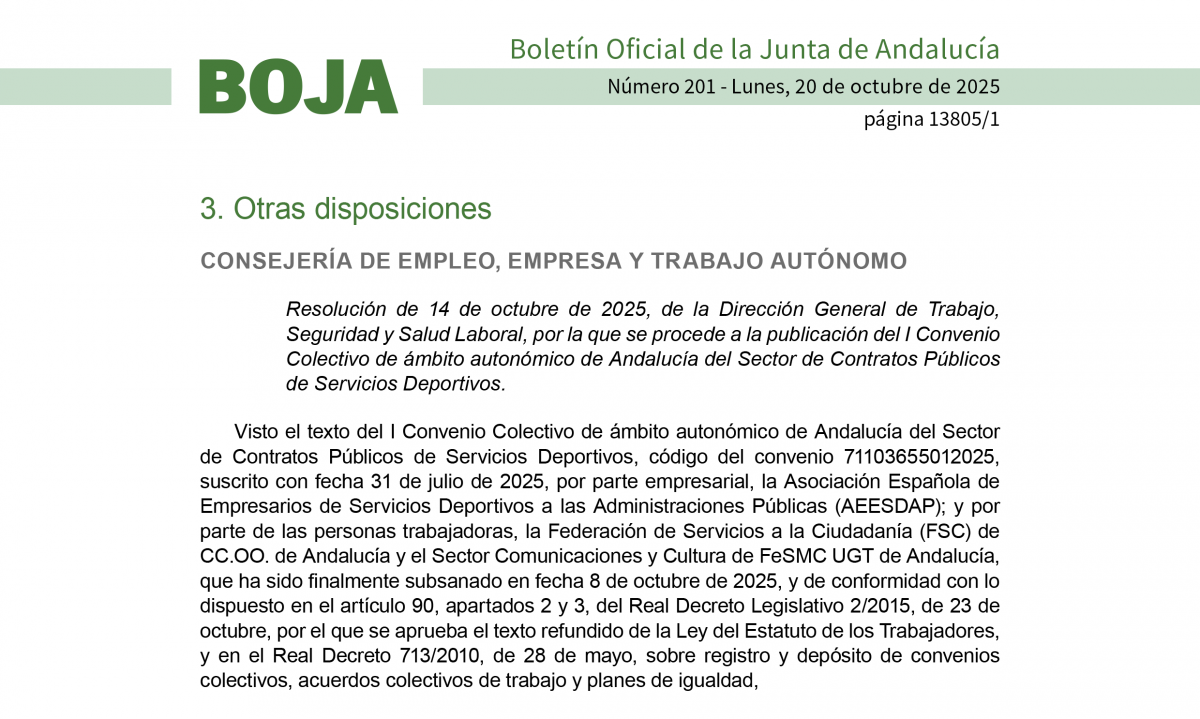 Publicado en el BOJA el I Convenio Colectivo de Andalucía de Contratos Públicos de Servicios Deportivos